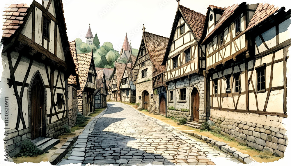 Fototapeta premium Charming cobblestone street in a medieval village with timber-framed houses