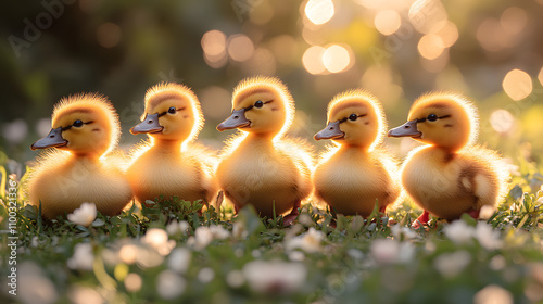 A heartwarming scene of a group of baby ducks playfully waddling and exploring the grass in the front yard. The soft sunlight and lush green grass add to the joyful and innocent atmosphere of the mome photo