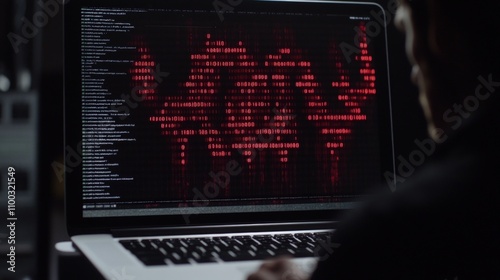 Hacker working on laptop with red code.