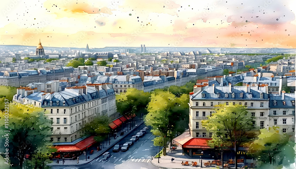 Obraz premium Vibrant cityscape showcasing rooftops and lively streets in a summer afternoon dream