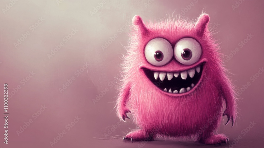 Fototapeta premium Cute Pink Monster with Big Eyes and a Happy Smile