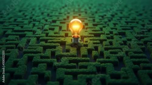 A glowing lightbulb sits at the center of a sprawling, green maze, symbolizing an idea or solution within a complex problem photo