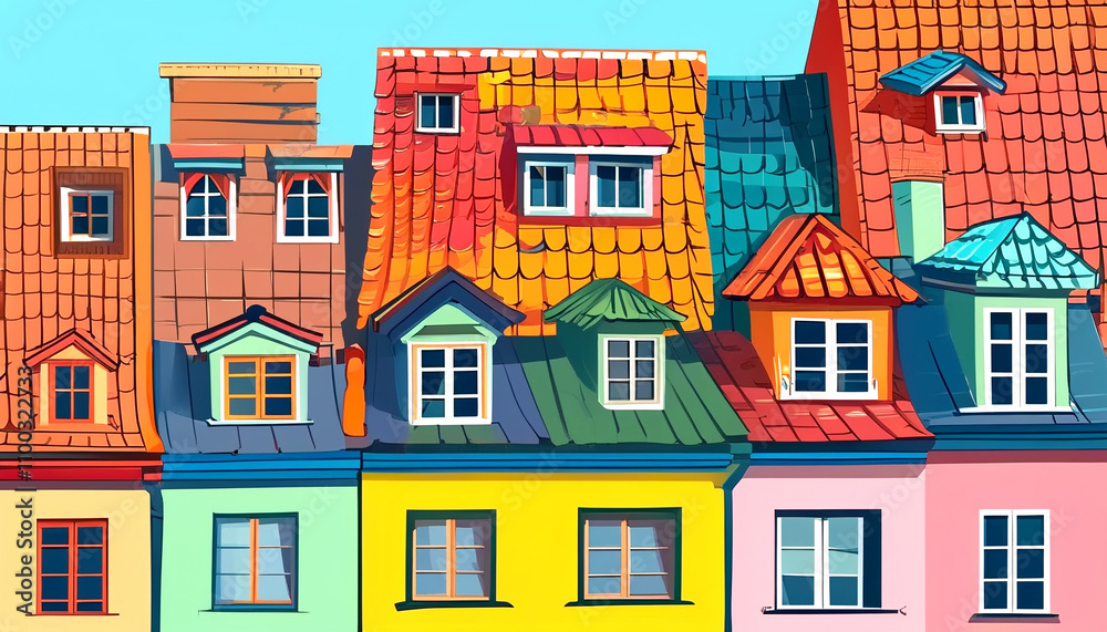 Naklejka premium Colorful rooftops create a vibrant skyline in a sunny town setting