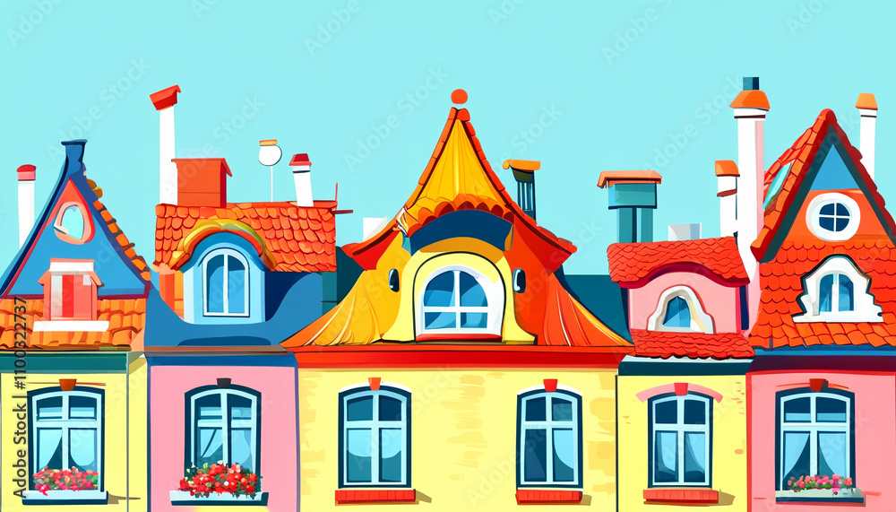 Fototapeta premium Vibrant rooftops of a colorful neighborhood under a clear blue sky