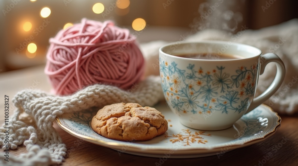 Cozy Winter Morning With Coffee, Cookie, and Yarn