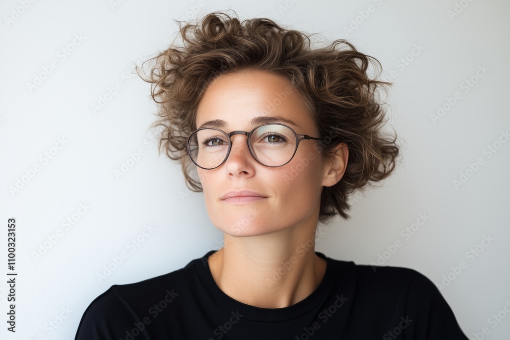 Obraz premium Portrait of a young woman with curly hair and eyeglasses looking confident and determined