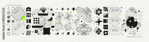 Vector graphic assets set in acid style, retro futuristic background with wireframe elements of different forms, bold modern shapes for design template, poster, stickers, banner in Y2k style set 13
