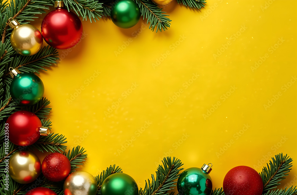 rectangular frame made of fir branches and Christmas toys and spaces