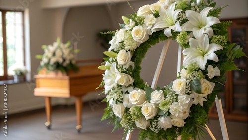 White and green funeral wreath on a church altar