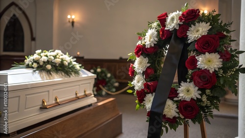 Red and white funeral wreath by a casket in a church