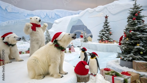 Arctic animals like polar bears and penguins celebrating Christmas, festive holiday spirit, New Year celebration, winter wonderland, Christmas cheer, snowy scene, seasonal joy, holiday fun, family photo