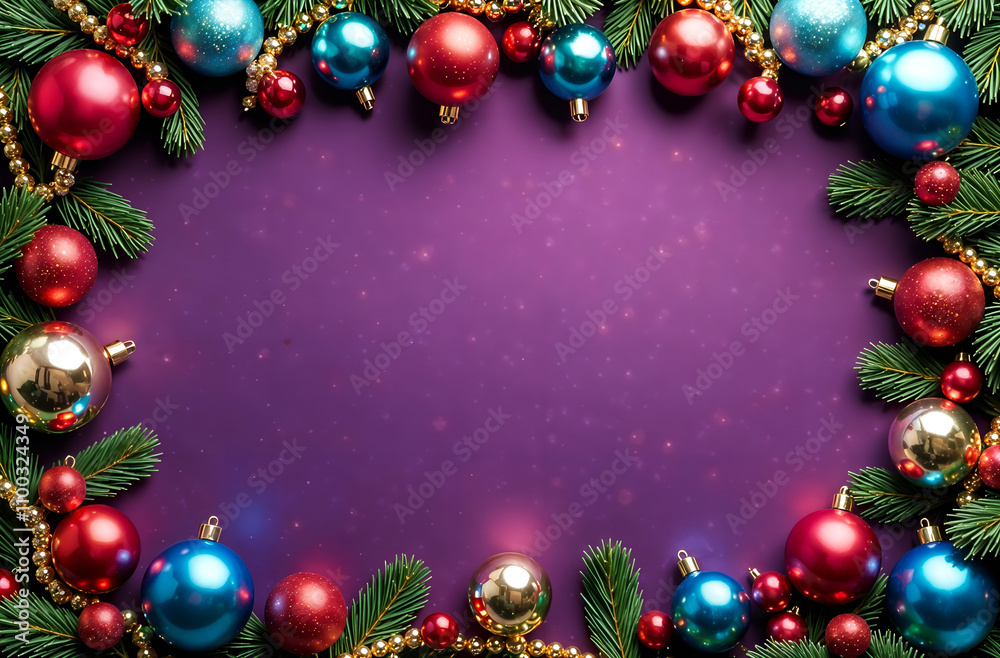 rectangular frame made of fir branches and Christmas toys and spaces