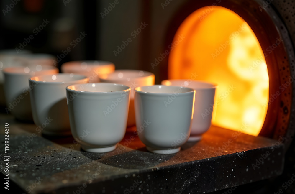New white porcelain tableware is placed in a muffle kiln for firing close-up at a ceramic factory