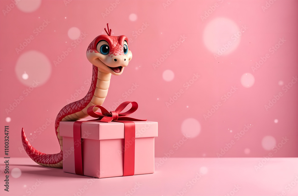 A gift box with a coiling funny snake on a pink blurred background and a copy space. Concept - Chinese New Year