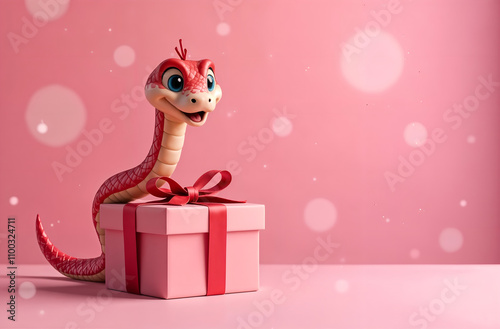 Obraz na płótnie A gift box with a coiling funny snake on a pink blurred background and a copy space. Concept - Chinese New Year w salonie