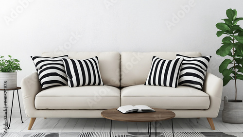 White sofa in minimalist living room, black and white striped cushions