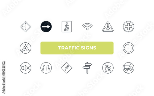 fully editable outline icon collection from traffic signs concept. thin line icons set such as side road, one way, pothole, no plug, no trucks,