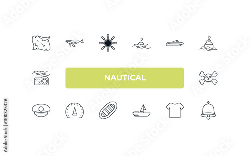 fully editable outline icon collection from nautical concept. thin line icons set such as tanker ship, pearl, propeller, vest, compass inclined,