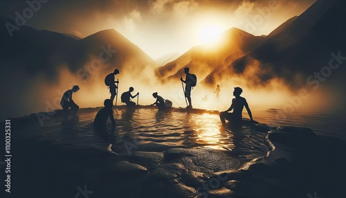 Silhouettes of adventurers soaking in a natural hot spring, silhouette, action photography, aesthetics, photo