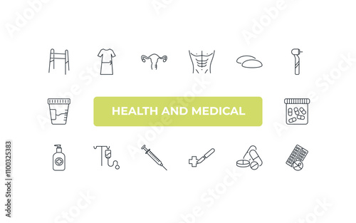 fully editable outline icon collection from health and medical concept. thin line icons set such as medical walker, patient robe, breast implant, medical substance, contraceptive pills,