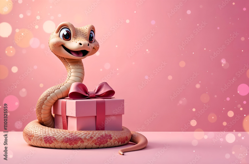 A gift box with a coiling funny snake on a pink blurred background and a copy space. Concept - Chinese New Year