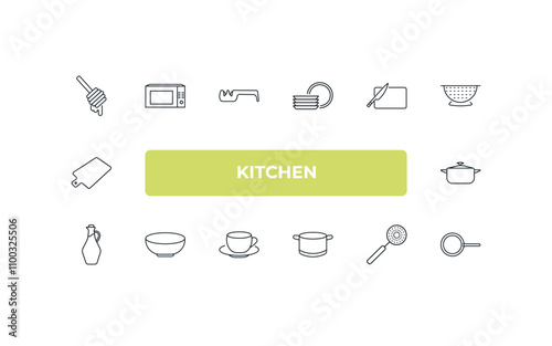 fully editable outline icon collection from kitchen concept. thin line icons set such as honey dipper, microwave oven, cutting board, skimmer, pan,