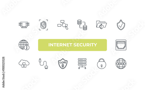 fully editable outline icon collection from internet security concept. thin line icons set such as data streaming, fingerprint scan, folder security, locked, domain,