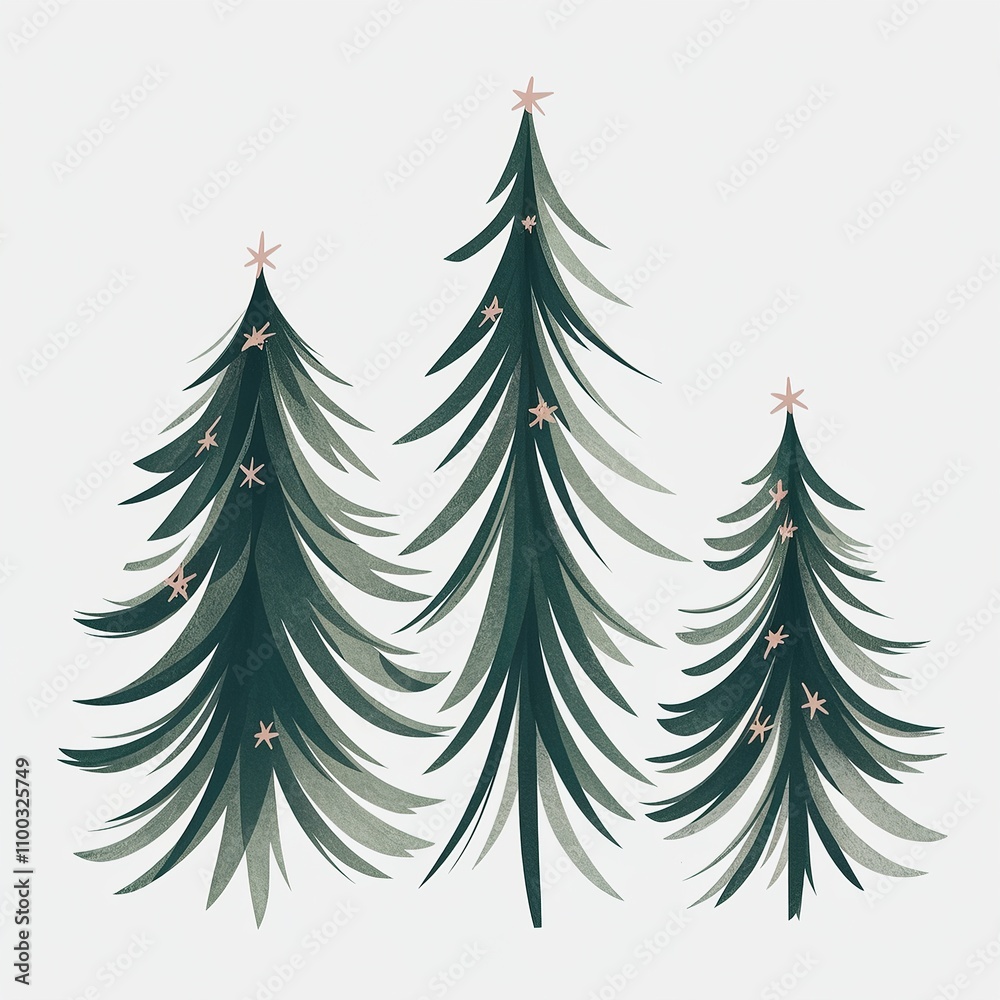 Obraz premium Modern minimalist vector illustration of three stylized Christmas pine trees featuring textured green brush strokes and festive star decorations.