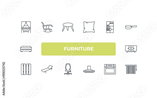 fully editable outline icon collection from furniture concept. thin line icons set such as canopy bed, rocking chair, bookshelf, oven, window coverings,