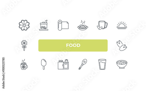 fully editable outline icon collection from food concept. thin line icons set such as king cake, stew, hot herbal, water glass, sour soup,