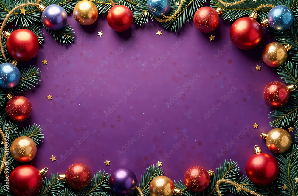 rectangular frame made of fir branches and Christmas toys and spaces