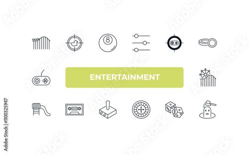 fully editable outline icon collection from entertainment concept. thin line icons set such as roller coaster, shoot duck, shooting game, dices, whack a mole,