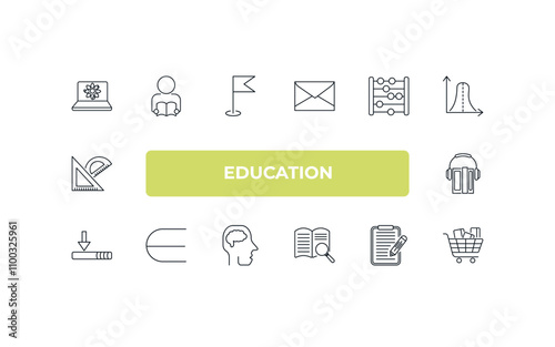 fully editable outline icon collection from education concept. thin line icons set such as science in a laptop, student and books, abacus, application form, cart with books,