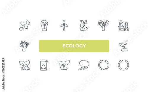 fully editable outline icon collection from ecology concept. thin line icons set such as seeds, eco light, tree with hearts, reload arrows, recycling,