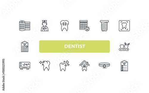 fully editable outline icon collection from dentist concept. thin line icons set such as gauze, male nurse, implant fixture, headlamp, check up,