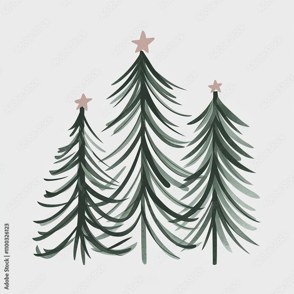 Obraz premium Modern minimalist vector illustration of three simple Christmas pine trees topped with blush stars, ideal for clean holiday design.