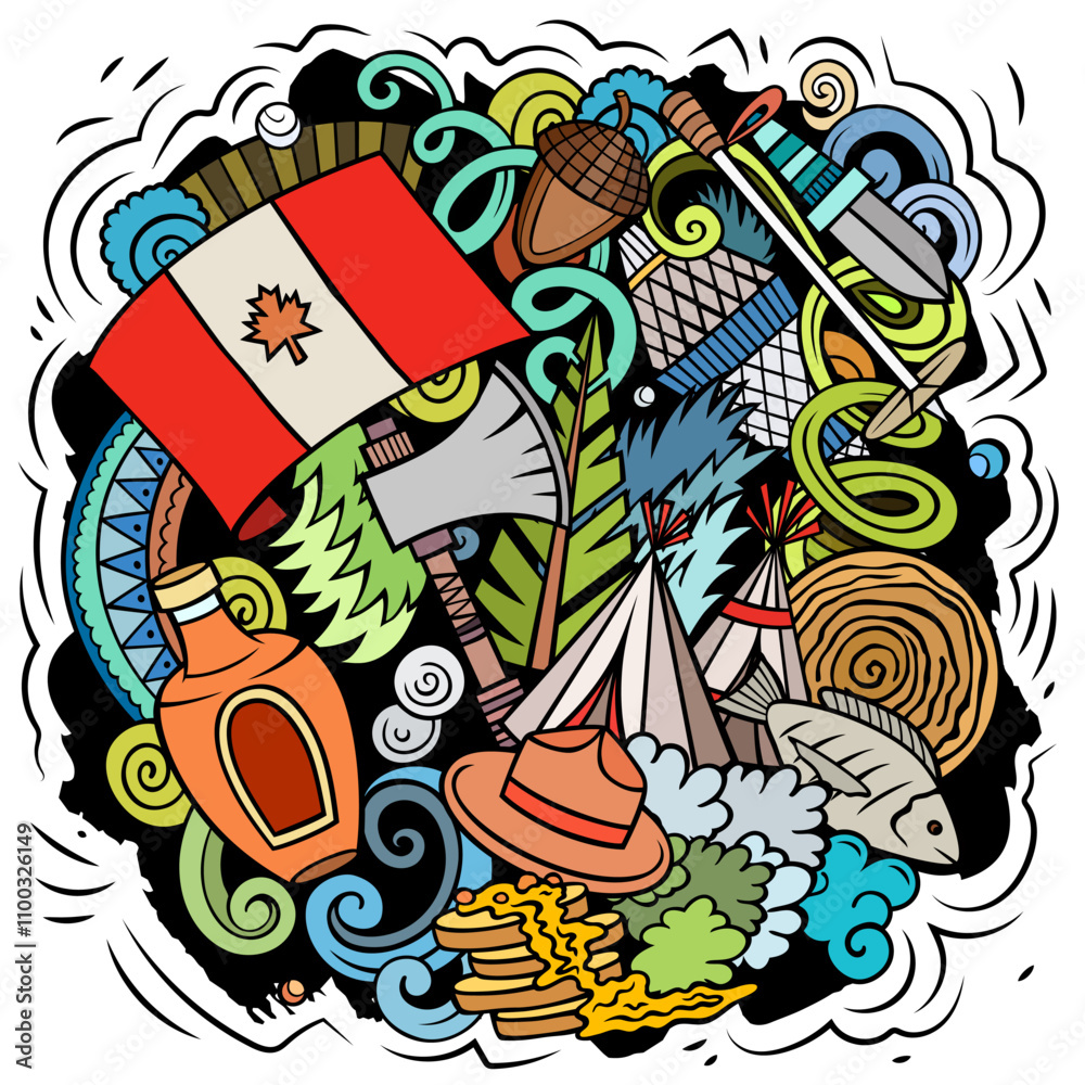 Obraz premium Canada cartoon doodle illustration. Funny Canadian design. Creative vector background with north America country elements and objects
