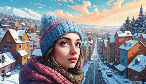 Girl in a warm hat against the backdrop of snow-covered houses