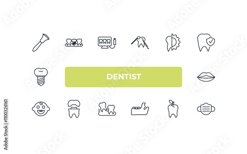 fully editable outline icon collection from dentist concept. thin line icons set such as scraping, dental prosthesis, apicoectomy, dentist, dentist mask,