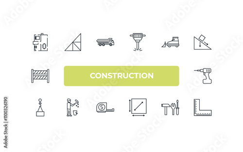 fully editable outline icon collection from construction concept. thin line icons set such as house plan, joist, little snowplow, three tools, angle ruler,