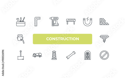 fully editable outline icon collection from construction concept. thin line icons set such as tool box, hex key, inclined magnet, big door, stopping,
