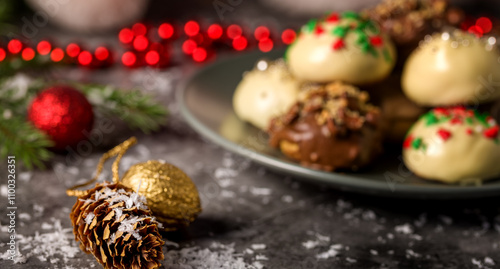 Christmas cookies with nuts and chocolate. Christmas still life