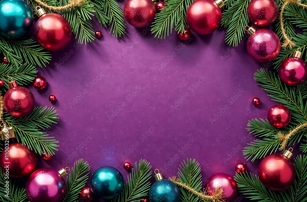 rectangular frame made of fir branches and Christmas toys and spaces