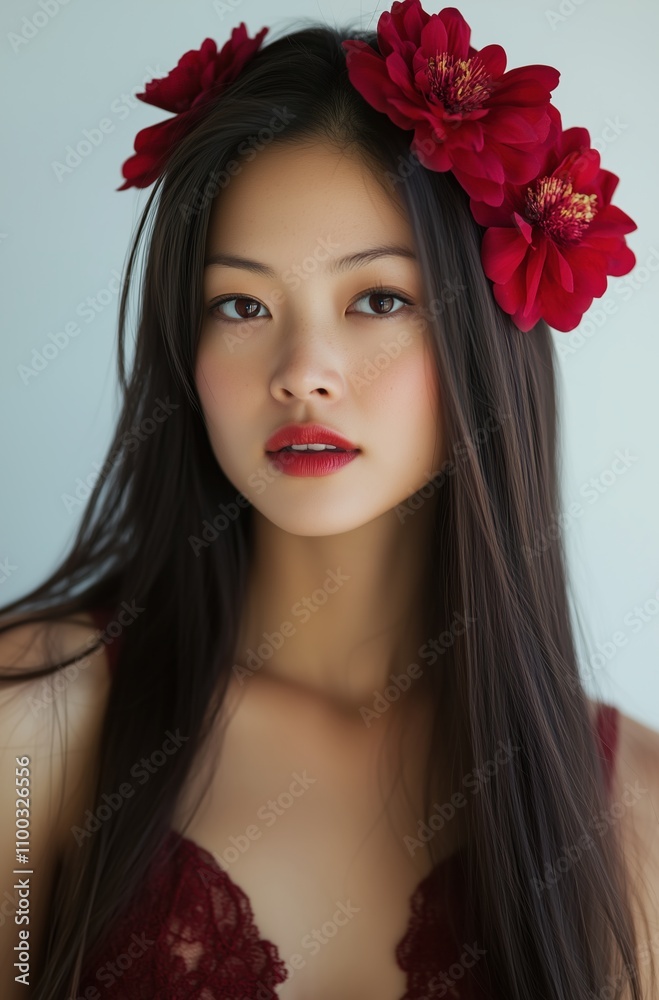 Fototapeta premium A woman with long black hair and red flowers in her hair