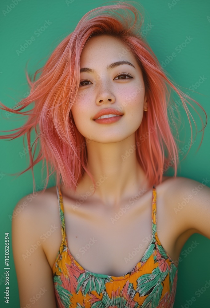 Fototapeta premium A woman with pink hair is wearing a yellow floral dress
