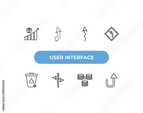 fully editable outline icon collection from user interface concept. thin line icons set such as incentive, dotted up arrow, squiggly arrow, data interconnected, turn up arrow,