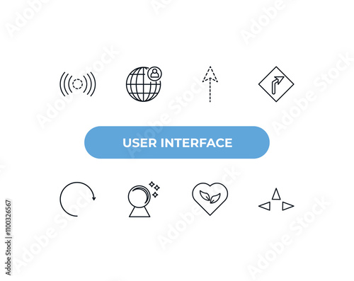 fully editable outline icon collection from user interface concept. thin line icons set such as stream, user interface, up broken line arrow, ecologic heart, three arrows,