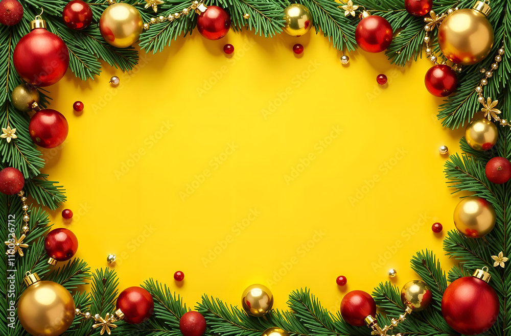 rectangular frame made of fir branches and Christmas toys and spaces