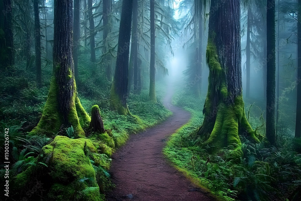 Obraz premium misty forest path winding through tall trees with mossy ground, green foliage, serene nature, and tranquil sunlight rays