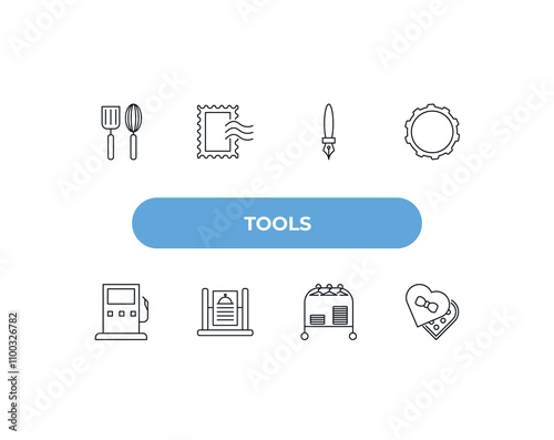 fully editable outline icon collection from tools concept. thin line icons set such as kitchen tools, postage, ink pen, clothes rack, chote box, photo